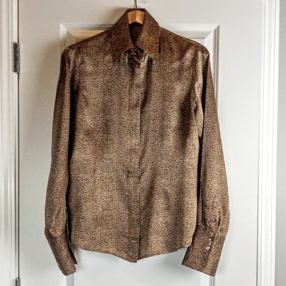 Anne Klein Brown Snakeskin Print Silk French Cuff Blouse - Picture 1 of 6